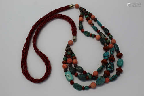 Chinese red coral and turquoise bead necklace.