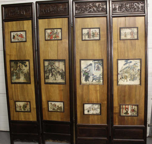 Chinese carved wood panel with painted marble plaques.