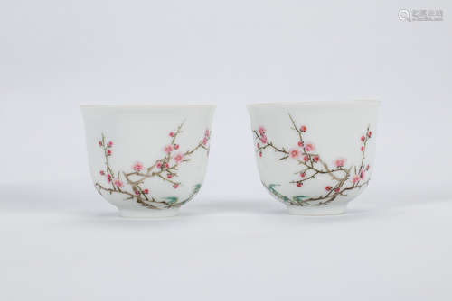 Pair of Chinese famille rose porcelain cups, marked.