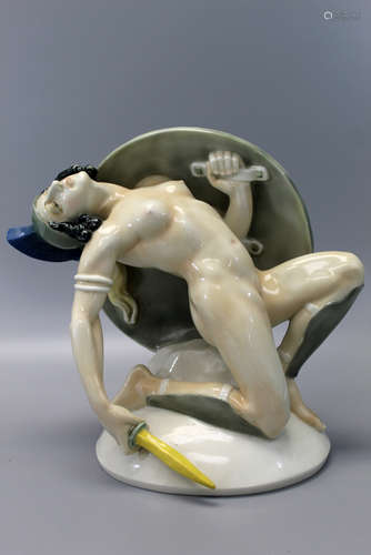 Nude Amazone Art Deco porcelain figurine from Artist J. Kopp 1912, Marker Karl Ens, Volkstedt Thuringia German.