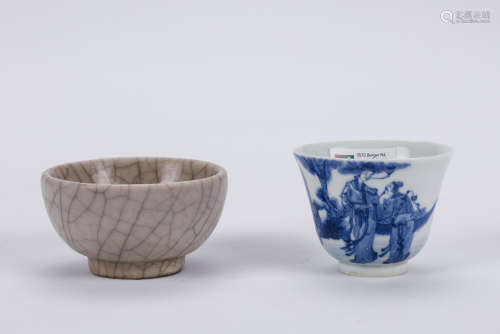 A Chinese blue and white porcelain cup and a Ge Ware