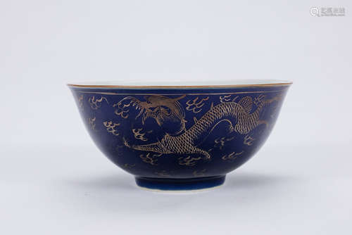 Chinese gilt powder blue porcelain bowl with dragon