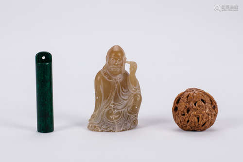 Chinese carved soapstone Luohan, carved walnut and