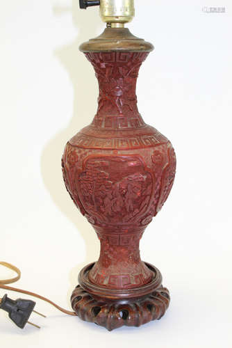 Chinese cinnabar lacquer vase, made into a lamp.