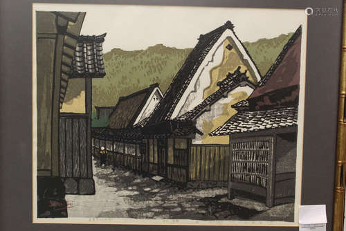 Temple Village, woodblock print, signed and numbered by