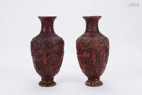 Pair of Chinese carved cinnabar vases.