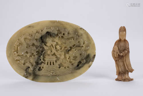 Carved Chinese soapstone Guanyin and plate