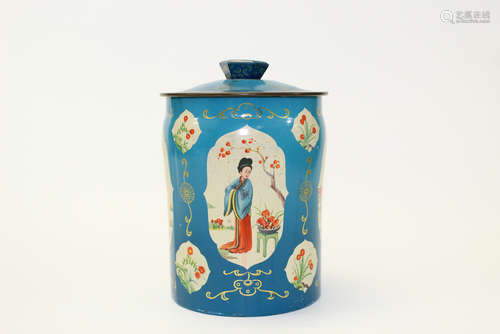 Enameled tin tea caddy, made in England.