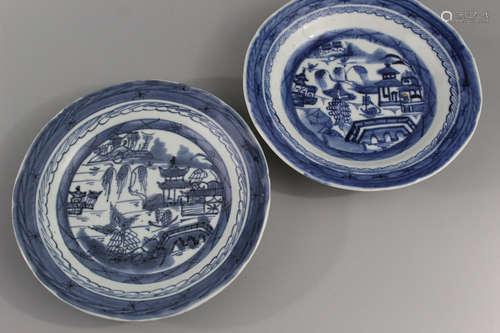 Two Chinese Canton blue and white porcelain dishes.