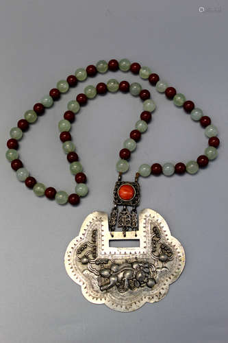 Chinese jade and silver necklace.