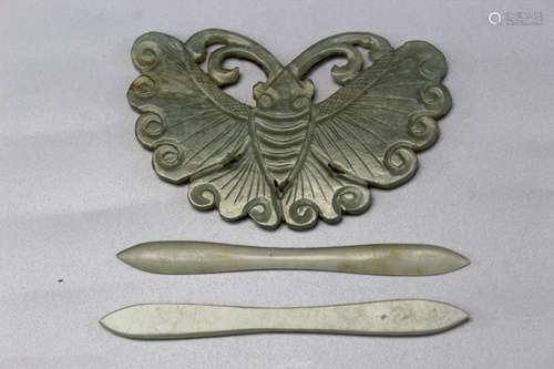 Chinese carved jade hair pins and butterfly plaque.