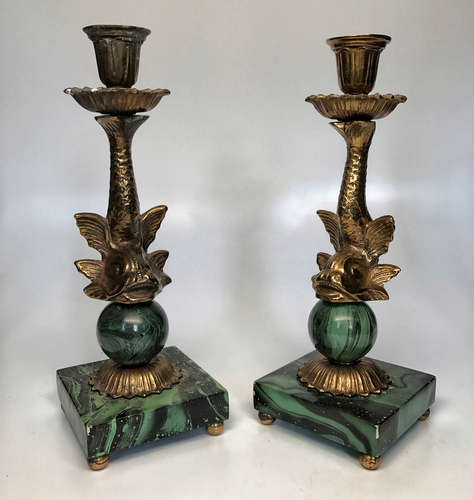 A PAIR OF CYPRINOID DESIGN CANDLESTICKS