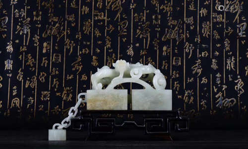 1949-1966,  A SET OF CHI DRAGON PATTERN HETIAN JADE SEALS