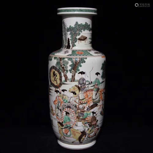 A KANGXI STORY DESIGN FIVE-COLOUR WOODEN CLUB SHAPE VASE