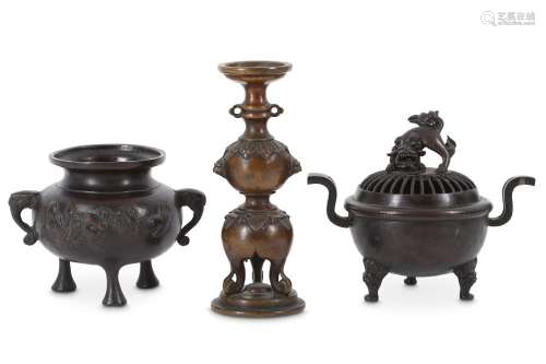 TWO BRONZE CENSERS AND A CANDLE STAND. 19th Centur