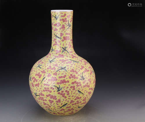 A YELLOW GROUND FAMILLE ROSE VASE, GUANGXU MARK