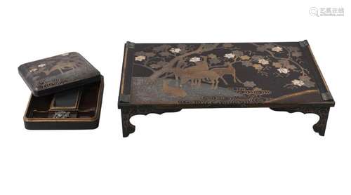 A Japanese lacquer suzuribako and matching low table