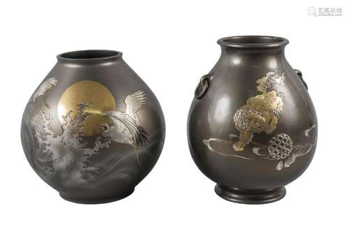 Two Japanese bronze and inlaid globular vases