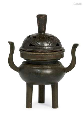 A Chinese bronze miniature tripod censer and cover