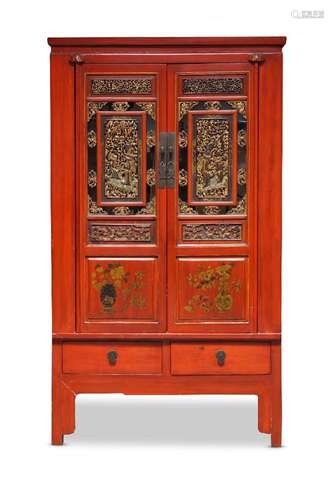 A large Chinese red painted cupboard