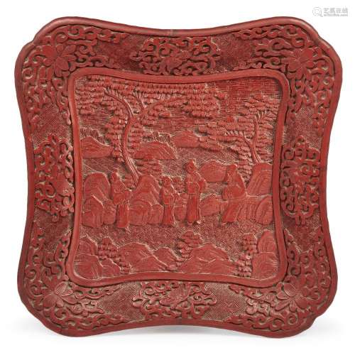A Chinese red lacquer square dish