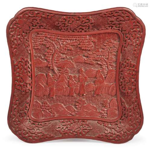 A Chinese red lacquer square dish