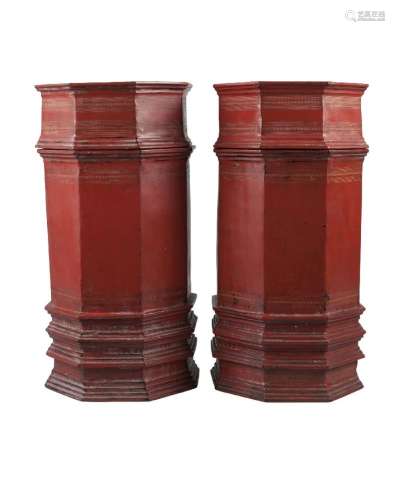 A pair of Burmese red lacquer octagonal food containers