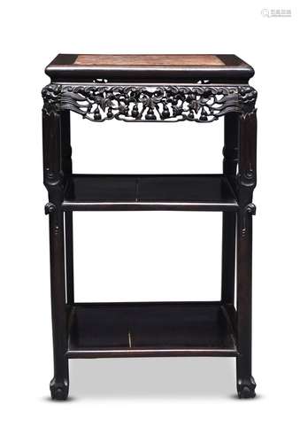 A Chinese hongmu rouge marble inset square table