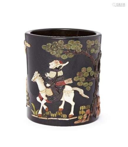 A Chinese black lacquer and inlaid brush pot