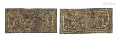 A pair of Chinese gilt-bronze rectangular belt plaques