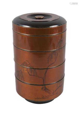 A Japanese lacquer circular four section stacking box