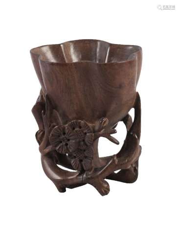 A Chinesse huanghuali wood 'prunus' libation cup