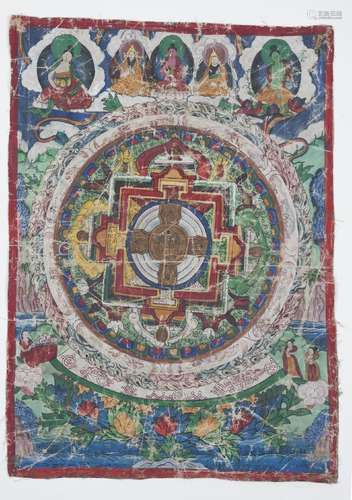 A Tibetan painted thangka depicting a mandala