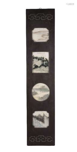 A Chinese wood panel set with four marble dreamstone panels