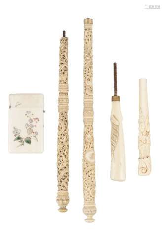 Two Chinese Canton ivory parasol handles