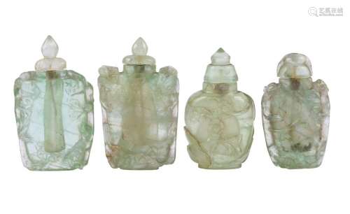 Four Chinese carved green quartz snuff bottles