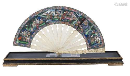 A Chinese Canton ivory and painted paper fan
