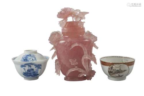 A Chinese pink quartz vase and cover