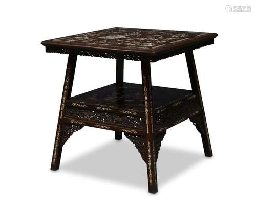 A Chinese rosewood and bone inlaid two tier occasional table