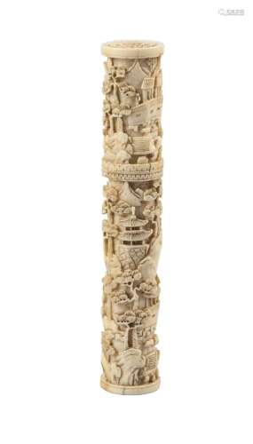 A Chinese Canton carved ivory cylindrical needle case