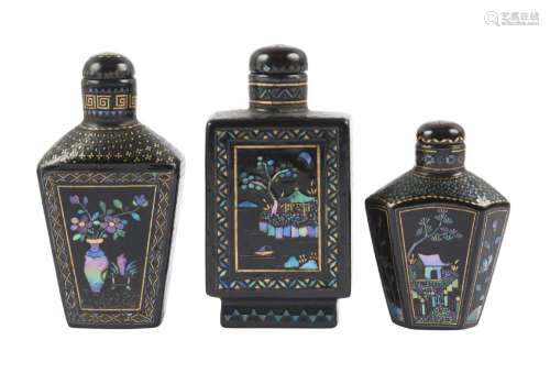 Three Chinese black lacquer mother-of-pearl inlaid snuff bottles