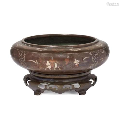 A Chinese bronze and inlaid censer on stand