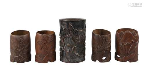 Five Japanese carved bamboo brush pots