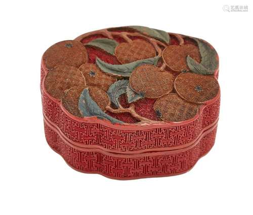 A Chinese three-colour cinnabar lacquer treasure box and cover