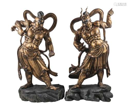 A pair of large Japanese gilt lacquer and carved wood nio (temple guardians)