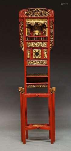 A Chinese red painted and giltwood hall stand