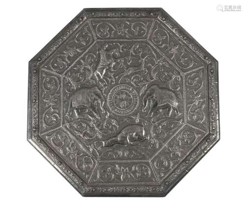 A Burmese silver covered octagonal plaque