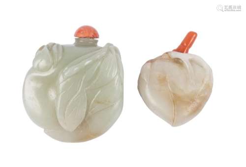 Two Chinese pale green jade 'peach' snuff bottles