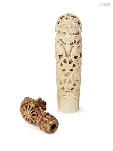 Two Burmese carved ivory handles