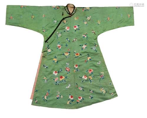 A Chinese silk embroidered green ground robe